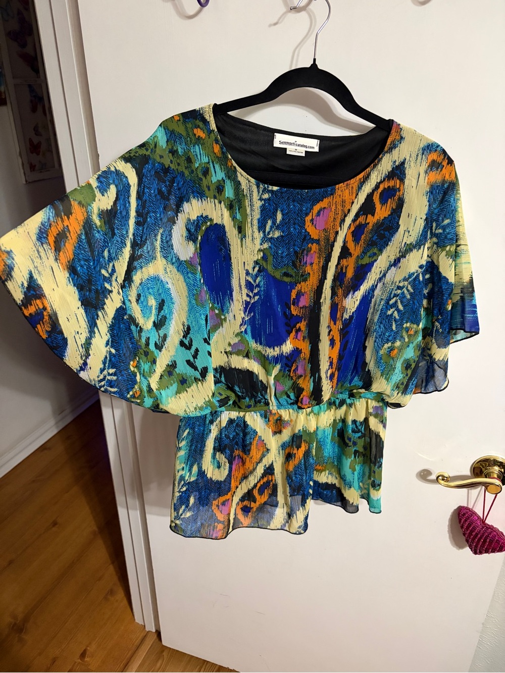 💜 Medium Serengeti Peplum Style Blouse in Blue & Teal Abstract Print